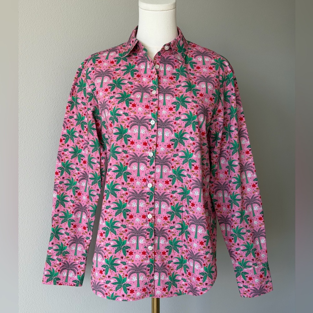 Boden Cotton Tropical Print Pink Palm Trees 🌴 Birds Button-Down Shirt - 2R